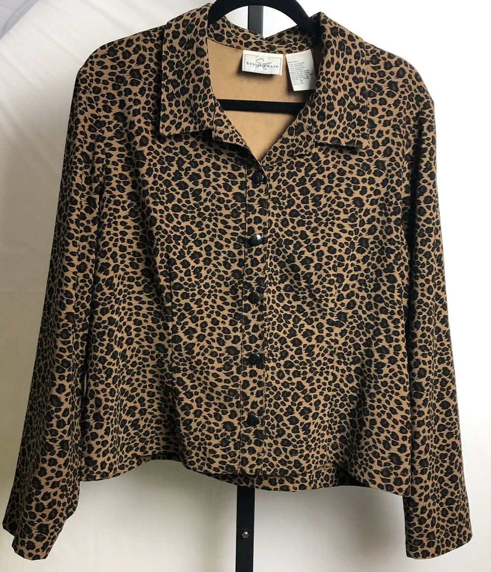 Studio Ease Blouse Women 14 Animal Print Button Up Long Sleeve Comfort Workwear